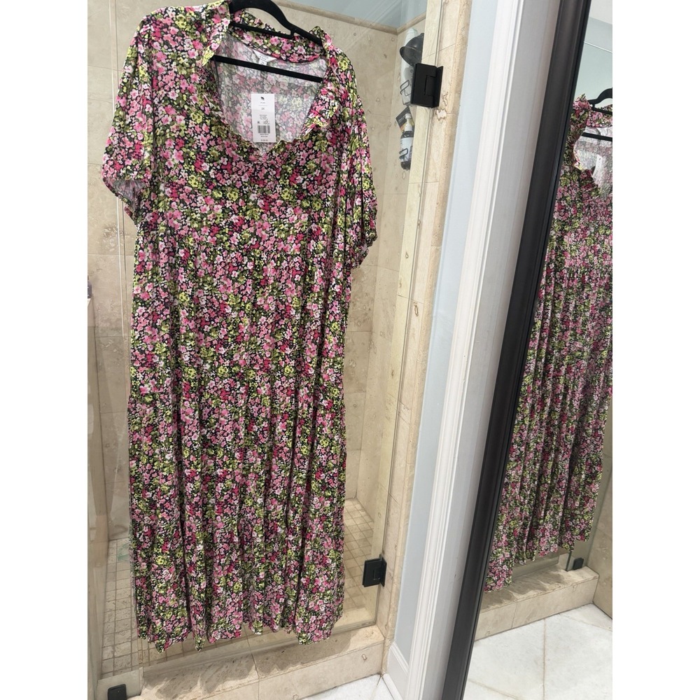Crown & Ivy Dress Women’s 3x Pink Floral Puff Sleeve Ruffle Neck Maxi NWT $110